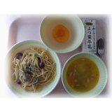 1月19日（木）　鶏肉ときのこの和風スパゲティ　野菜のスープ　黄桃