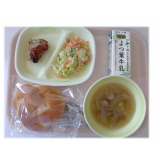 4月8日（水）　ミルクパン　ガーリックチキン　コールスロー　大豆とウインナーのスープ
